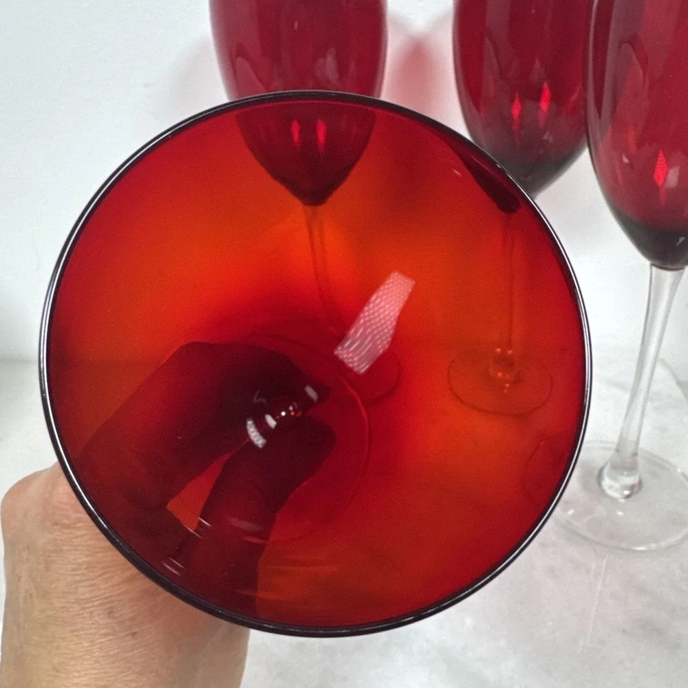 4 Red Glass Stemware Clear Stems Size 8 3/8